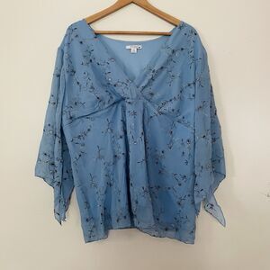 Women’s Blue Babydoll Top 3X Embroidered Sheer Flare Sleeve Boho Fairy Romantic